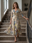 FJØRNA women's floral summer maxi dress with long sleeves, wrap style, flowy fabric, perfect for warm weather.