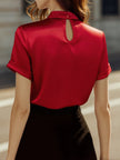 FJØRNA satin women's high neck keyhole short sleeve blouse, elegant and smooth fabric, stylish women’s top.