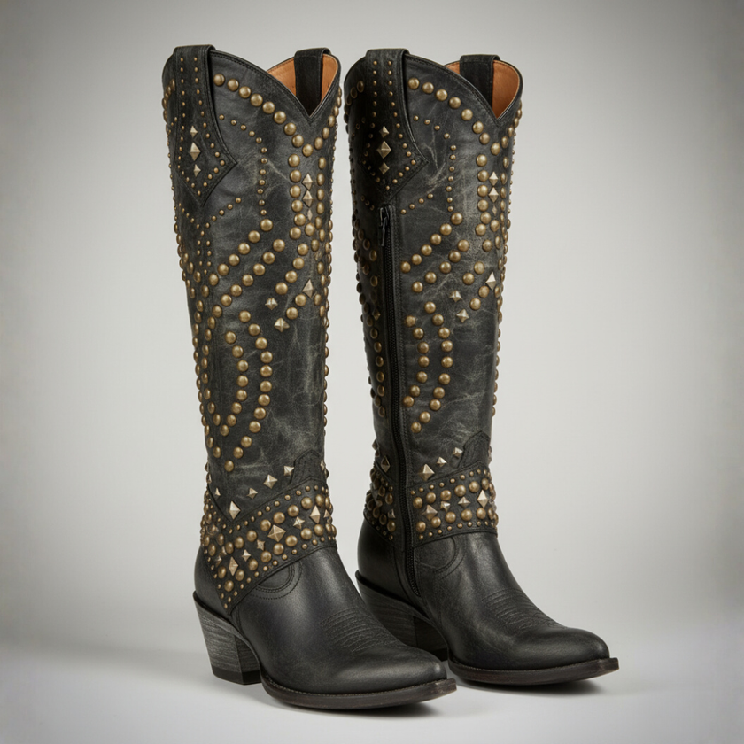 Keziah – Women’s Knee-High Boots with Rivets, Thick Heel & Distressed Look
