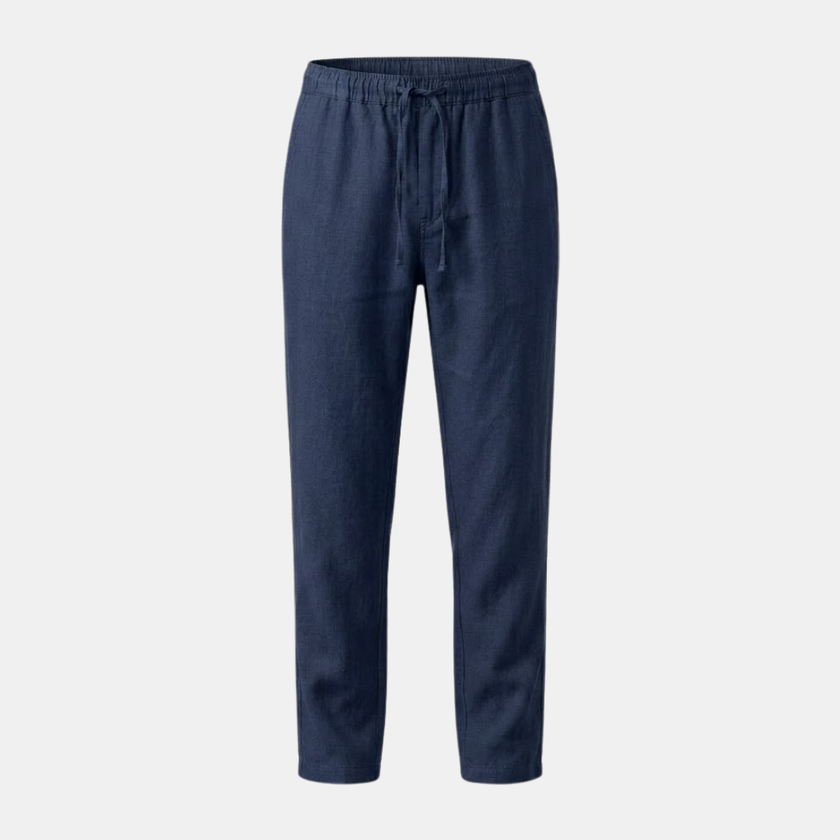 Men's linen blend straight leg trousers by FJØRNA with drawstring waist and relaxed fit, shown on a model.