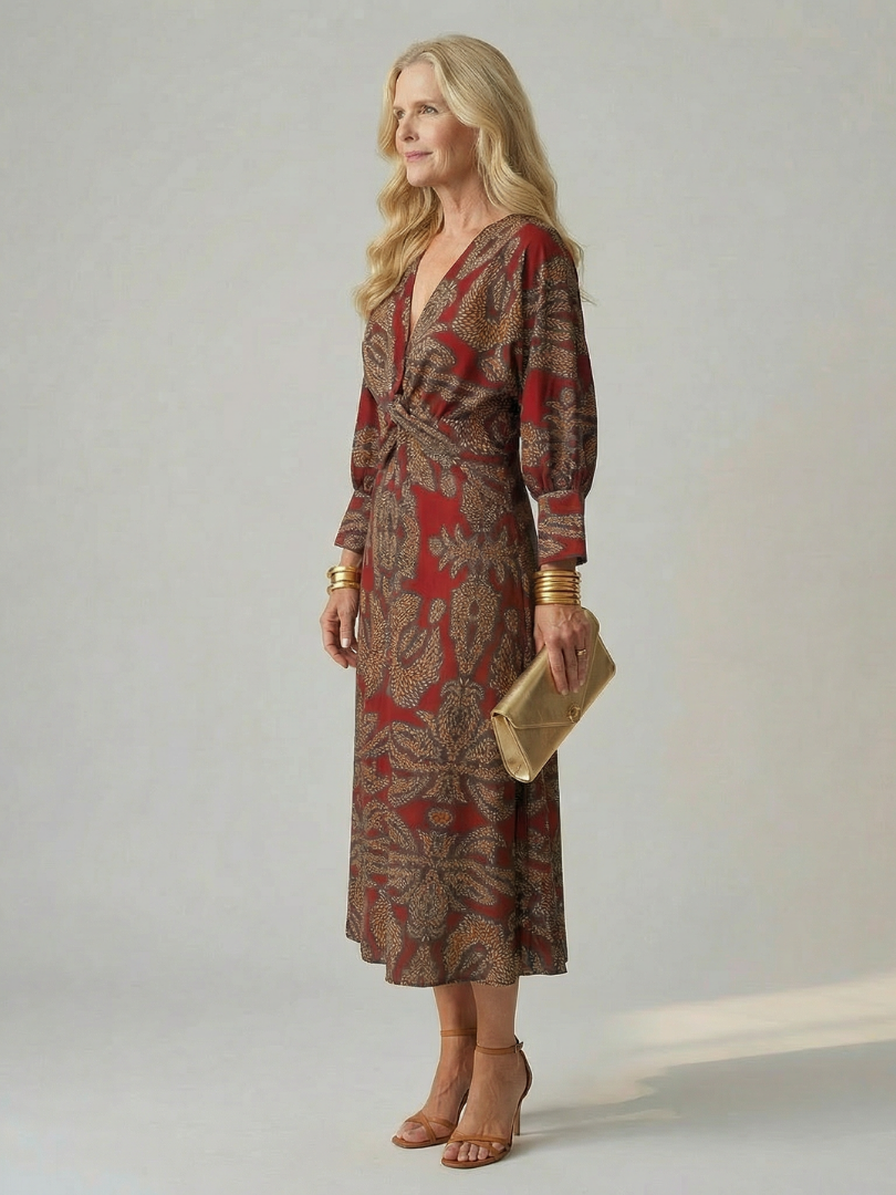 FJØRNA women's summer midi dress with long sleeves and wrap design, showcasing a lightweight, flowy fabric perfect for warm weather.