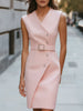 FJØRNA Timeless button-front belted asymmetrical blazer dress for women, featuring tailored fit and stylish design.