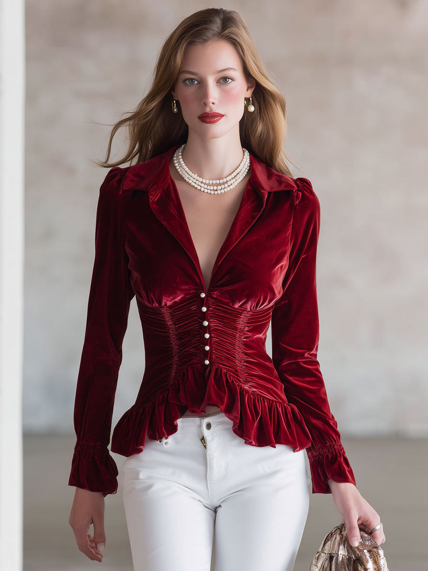 Red velvet FJØRNA blouse with pleats and ruffled long sleeves, stylish and elegant for a sophisticated look.