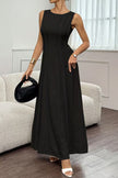 FJØRNA solid color round neck sleeveless pleated maxi dress with casual style, suitable for weddings and events.