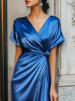 FJØRNA draped maxi dress with ruched V-neck and raglan sleeves, flowing elegant design perfect for formal or casual wear