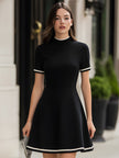 FJØRNA mock neck contrast trim fit and flare mini wedding dress with long sleeves and stylish design, perfect for special occasions