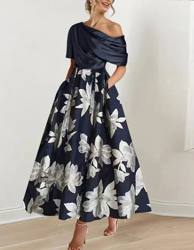 White satin midi dress for women, off-shoulder bodycon style with printed design, by FJØRNA.