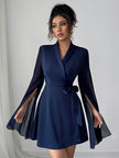 FJØRNA white A-line dress with elastic waist, see-through fabric, interlace design, and split-joint detail.