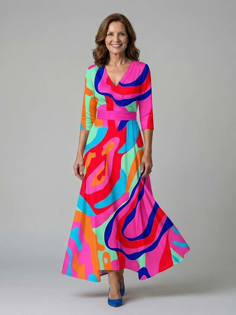 FJØRNA women's floral summer maxi dress with V-neck and wrap design, flowing fabric and vibrant flower pattern.