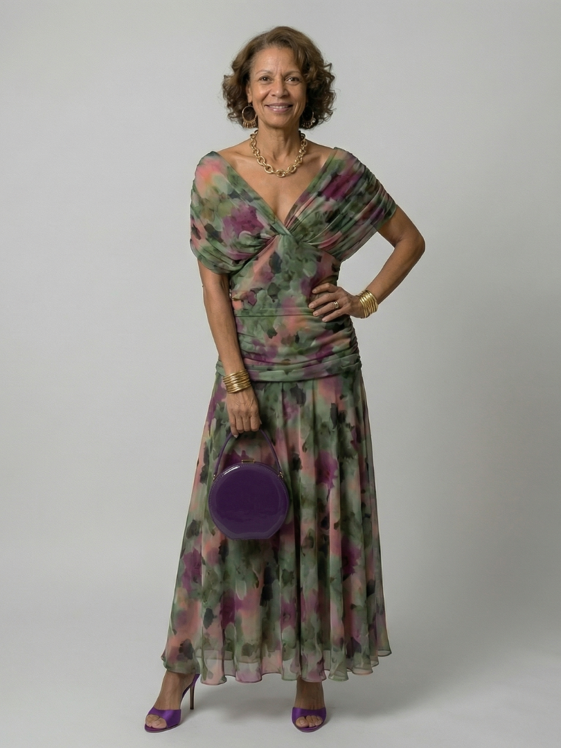 FJØRNA elegant off-shoulder midi dress for women, bodycon style, showcasing a fitted design with a chic neckline.