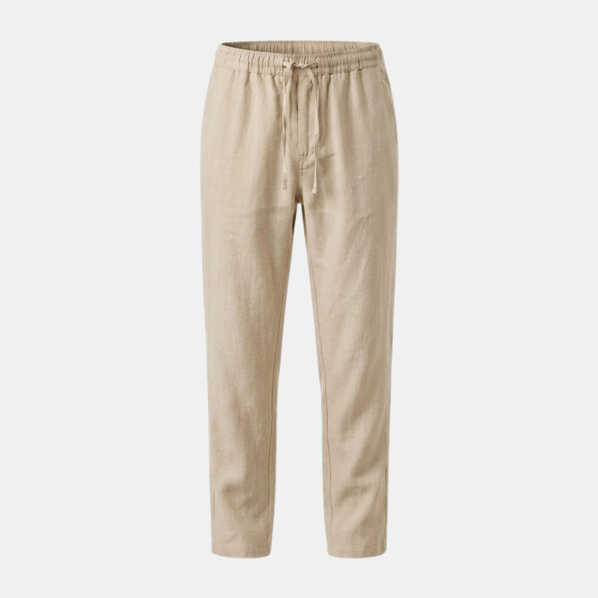 FJØRNA men's linen blend straight leg trousers with drawstring and relaxed fit, casual pants for comfortable everyday wear.