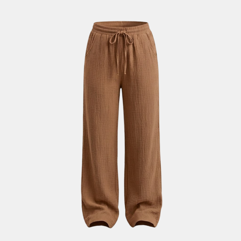Women’s lightweight cotton wide leg trousers by FJØRNA, casual and comfortable pants with a relaxed fit and flowing silhouette.