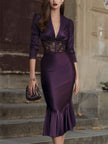 FJØRNA plum lace-panel mermaid midi dress with fitted silhouette and elegant lace details, perfect for formal occasions.