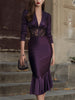 FJØRNA plum lace-panel mermaid midi dress with fitted silhouette and elegant lace details, perfect for formal occasions.