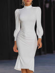 FJØRNA high-neck puff sleeve ruched leather midi dress, stylish and elegant, shown in black with fitted silhouette and statement sleeves.