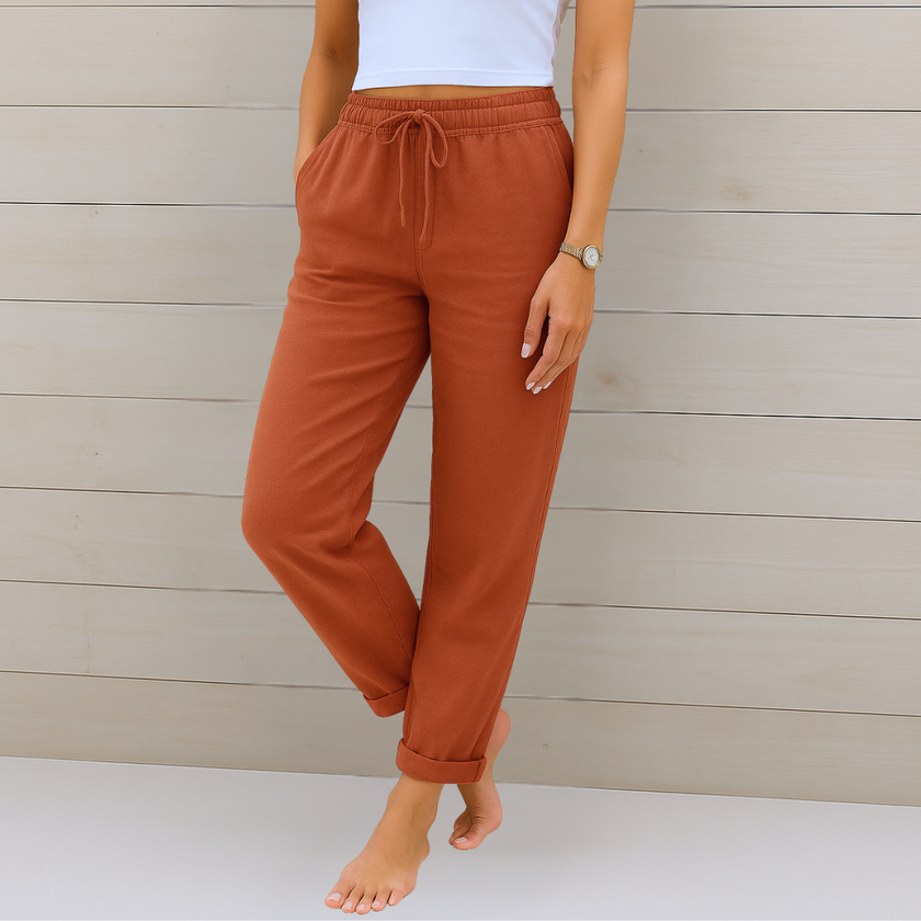 FJØRNA Lori™ premium breathable pants with elastic waistband, showcasing lightweight, comfortable fabric and relaxed fit.