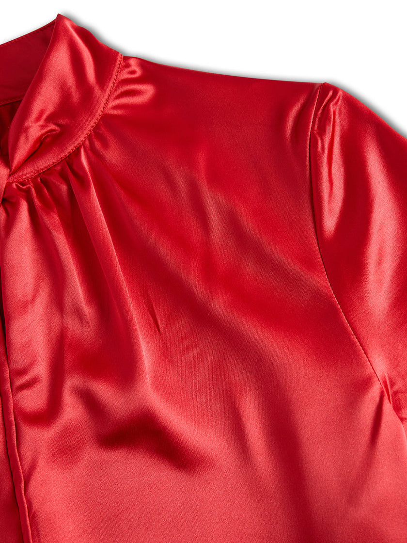 FJØRNA satin women's high neck keyhole short sleeve blouse, elegant and smooth fabric, stylish top for women.