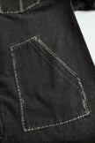 FJØRNA casual loose retro denim jumpsuit with long sleeves, hood, zipper, and front pocket details.
