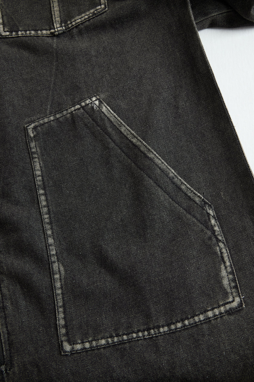 FJØRNA casual loose retro denim jumpsuit with long sleeves, hood, zipper, and front pocket details.
