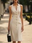 FJØRNA elegant sleeveless plain midi dress for women, button-down design, lightweight fabric, and classic fit.