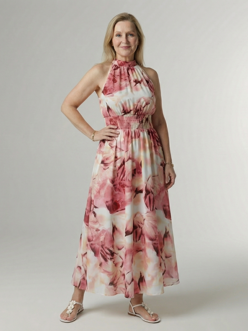 FJØRNA women’s summer midi dress with halter neck, sleeveless casual style, lightweight fabric, and relaxed fit.