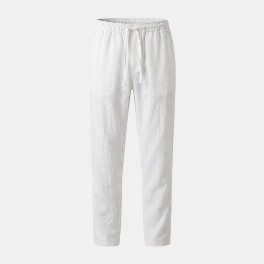 Men's linen blend straight leg trousers by FJØRNA with drawstring waist, relaxed fit, comfortable casual pants.