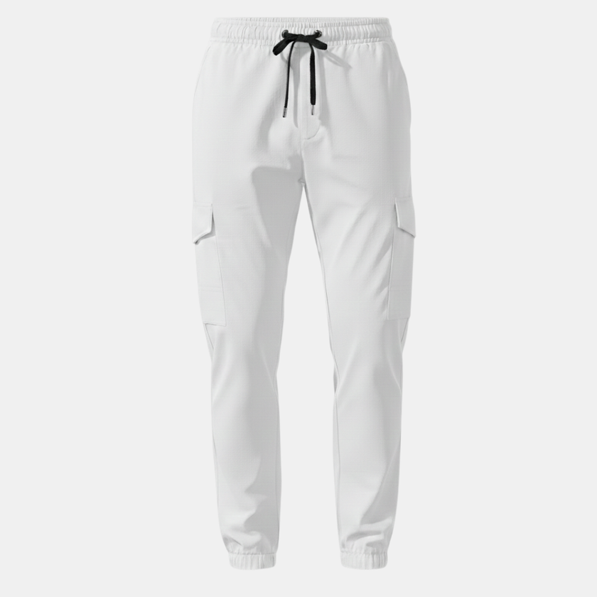 FJØRNA men's cargo trousers with drawstring waist, relaxed fit, and multiple pockets, made from durable fabric.