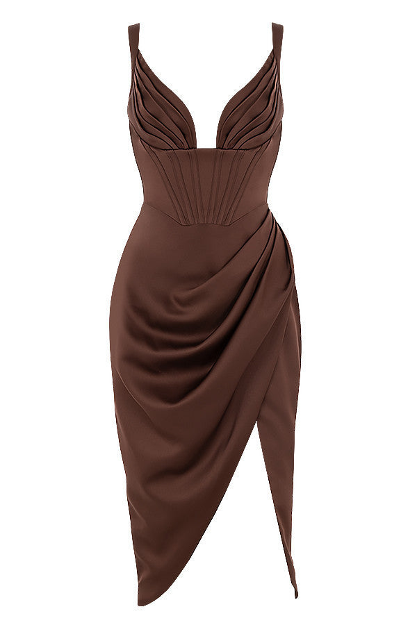FJØRNA satin midi dress for women, sleeveless with a smooth finish, ideal for evening wear and special occasions.