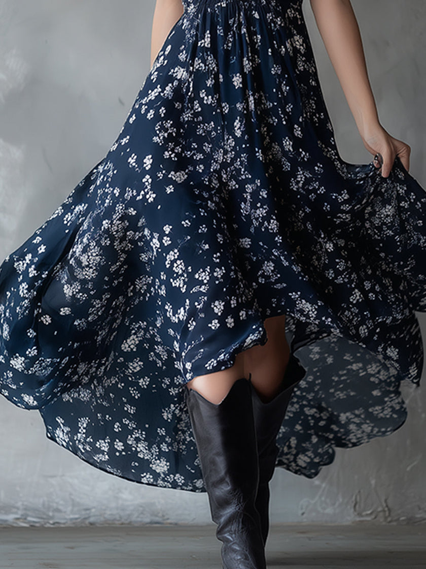 Navy Blue Chiffon Floral Maxi Dress For Women