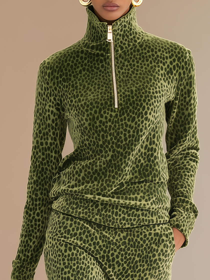 FJØRNA green leopard print velvet top and skirt set, stylish matching fashion ensemble with bold animal print and soft velvet fabric.