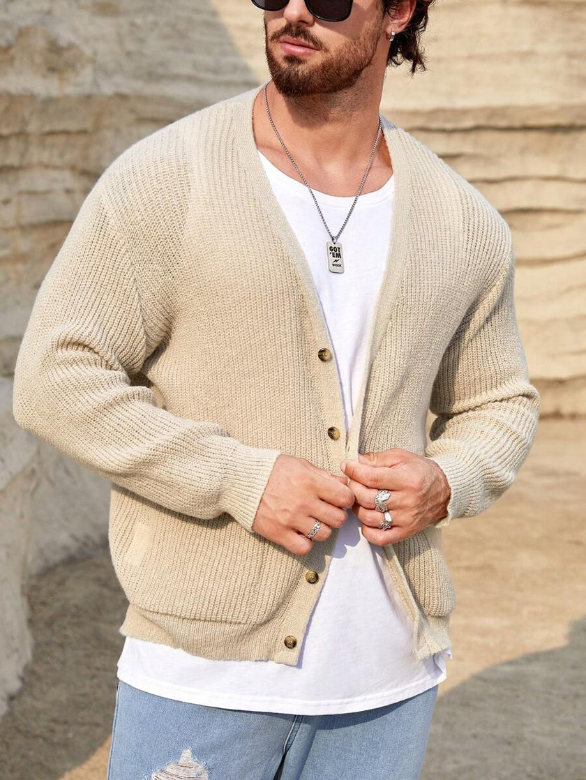 Chunky Long Cardigan Beige Knit - 3