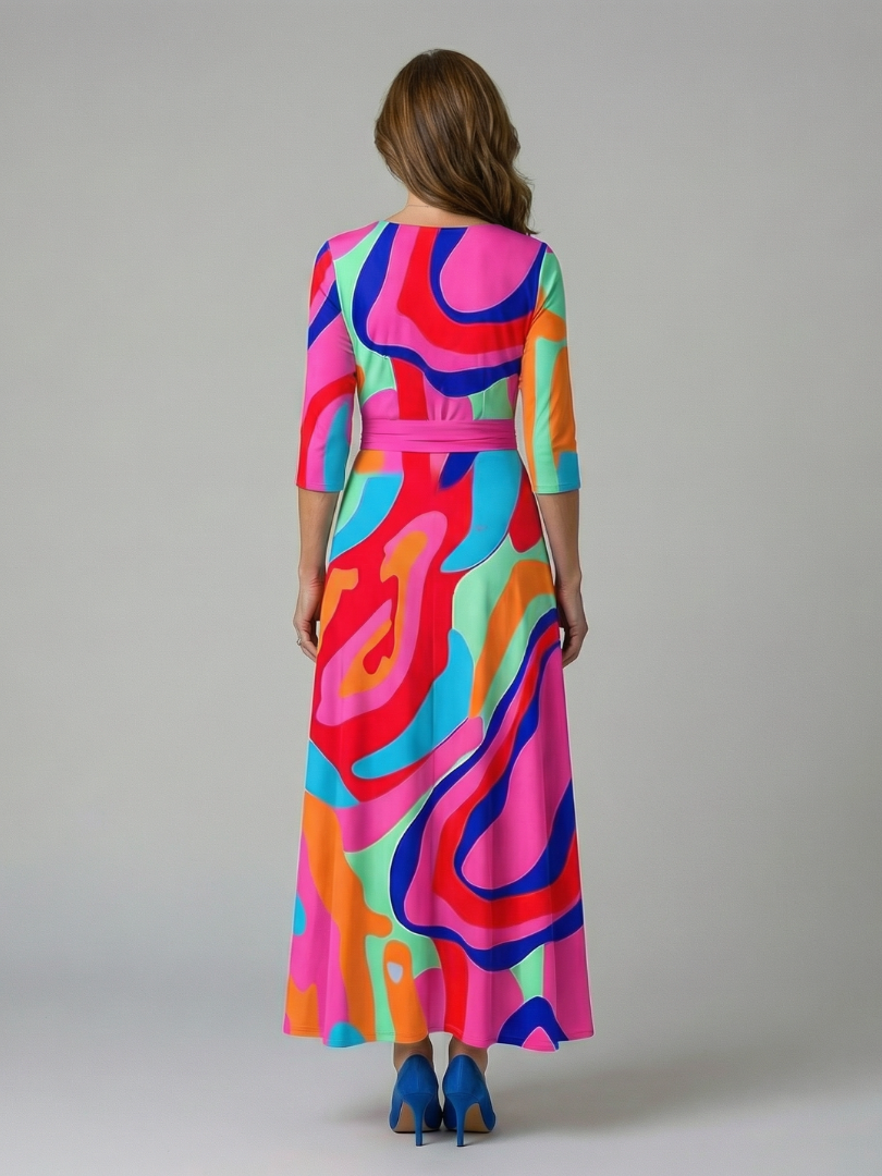 FJØRNA women's floral summer maxi dress with long sleeves, wrap style, flowy design, perfect for warm weather and outdoor wear.