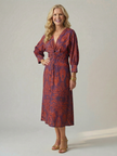 FJØRNA women's summer midi dress with long sleeves, wrap design, flowy fabric, perfect for warm weather and casual occasions.