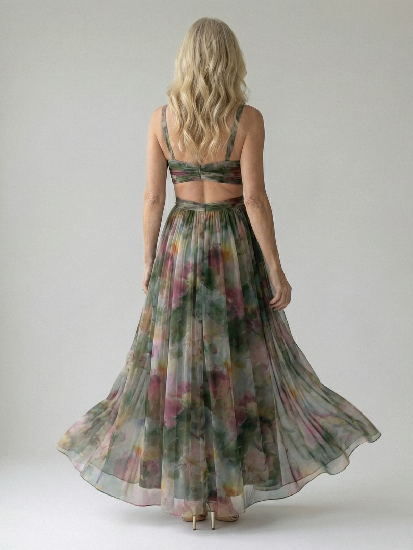 FJØRNA women's sleeveless summer maxi dress with wrap design, flowing lightweight fabric, perfect for warm weather.