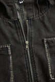 FJØRNA casual long sleeve denim jumpsuit with retro pocket design, hooded zipper front, and loose fit for a relaxed style.