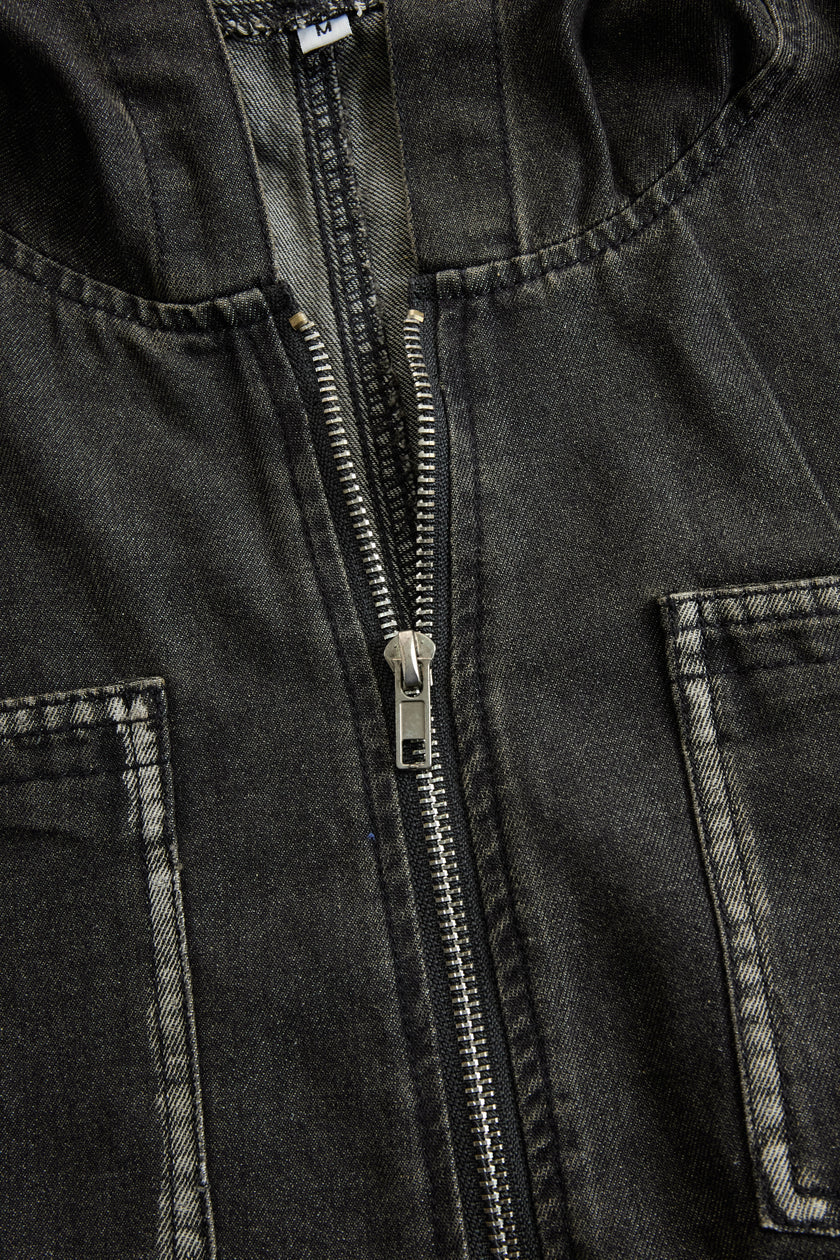 FJØRNA casual long sleeve denim jumpsuit with retro pocket design, hooded zipper front, and loose fit for a relaxed style.