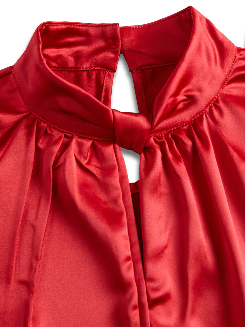 FJØRNA satin blouse for women with high neck and keyhole design, short sleeves, elegant and smooth fabric.