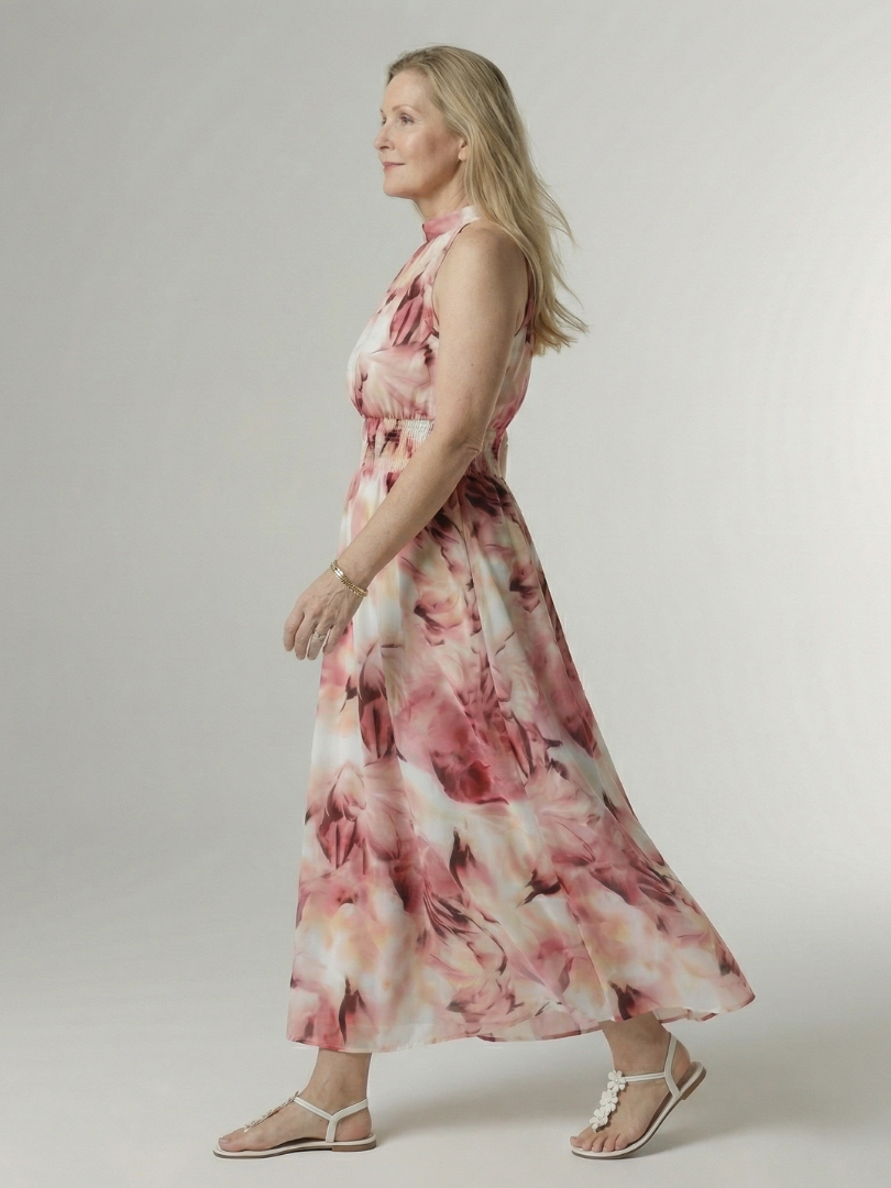 FJØRNA women's summer midi dress with halter neck, sleeveless design, flowy fabric, perfect for warm-weather wear