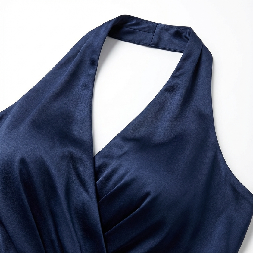 FJØRNA satin halter neck wrap maxi dress with bow tie waist and ruffled hem, elegant long dress with flowing fabric.