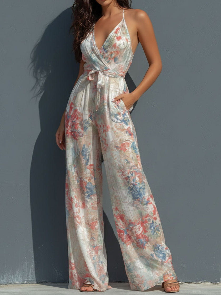 White floral satin halter neck jumpsuit with wrap front and wide-leg design by FJØRNA, shown on a model.