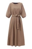 Flowy Bardot midi dress for women by FJØRNA featuring elegant design and soft fabric, perfect for stylish occasions.