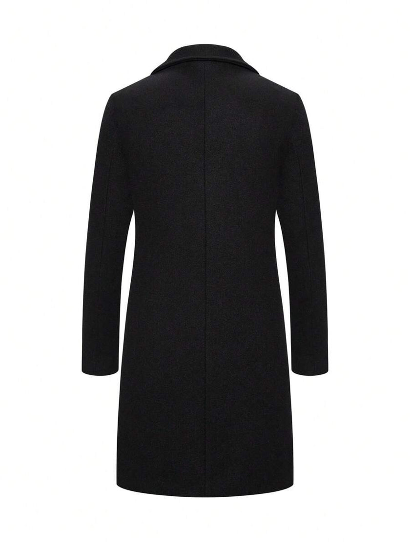 Solid Woolen Overcoat Black - 2