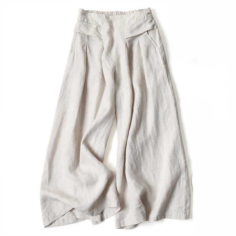 Liam - Stones Plain Color Cotton Linen High Waist Wide Leg Pants With Pockets