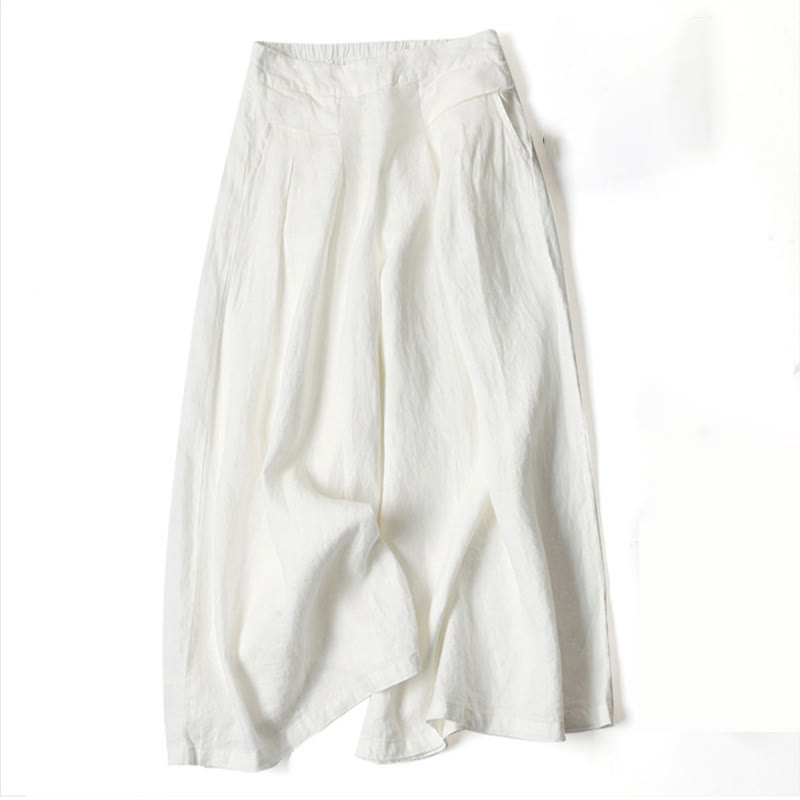 Liam - Stones Plain Color Cotton Linen High Waist Wide Leg Pants With Pockets