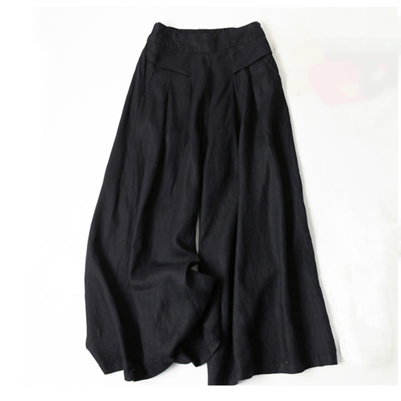 Liam - Stones Plain Color Cotton Linen High Waist Wide Leg Pants With Pockets