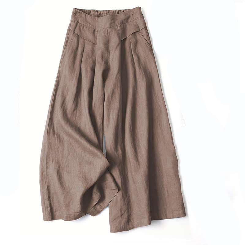 Liam - Stones Plain Color Cotton Linen High Waist Wide Leg Pants With Pockets
