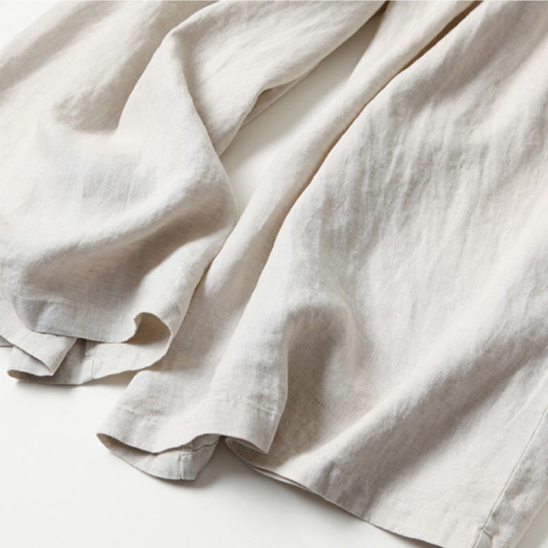 Liam - Stones Plain Color Cotton Linen High Waist Wide Leg Pants With Pockets