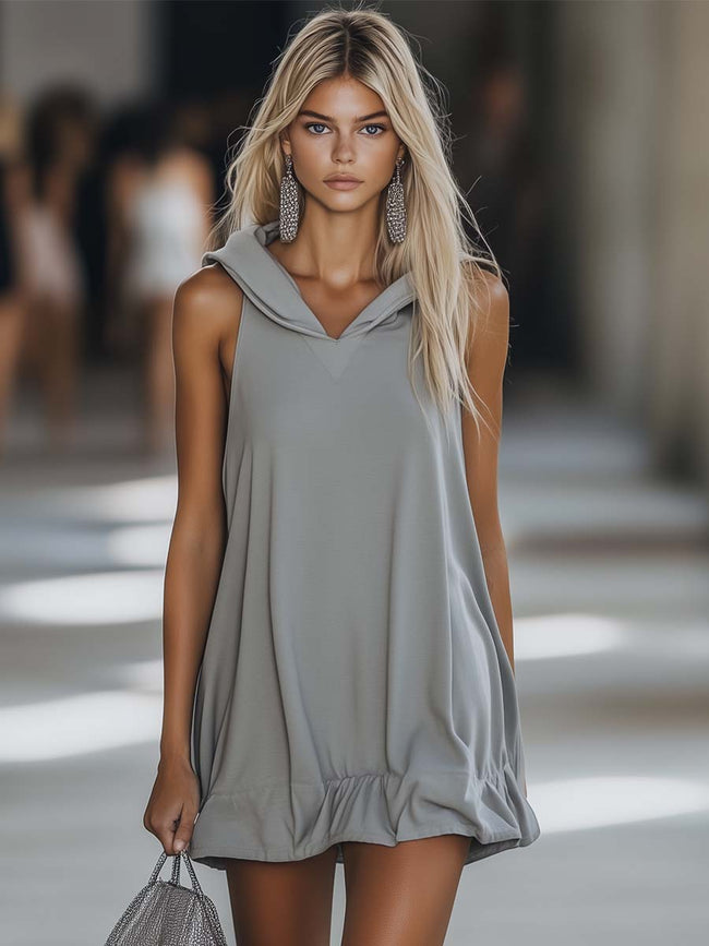 FJØRNA grey sleeveless mini dress, casual style, displayed on a hanger with a simple background.