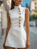 FJØRNA gold satin sheath dress with high collar and golden buttons, elegant evening dress with smooth satin finish.