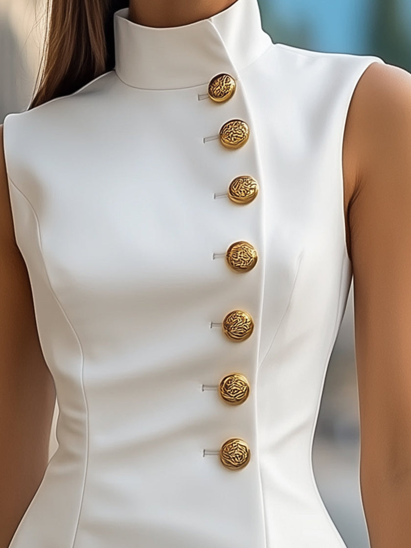 FJØRNA gold satin sheath dress with high collar and golden buttons, elegant evening dress with sleek, fitted silhouette.